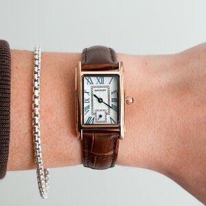 y2k gold rectangle vintage watch w/ brown leather strap